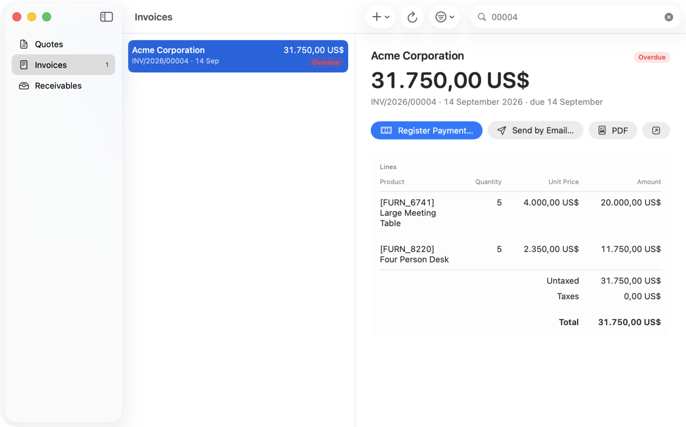The Klarflow Documents window on the Mac: an overdue invoice for Acme Corporation with its lines, and buttons to register a payment, send it by email or open the PDF.