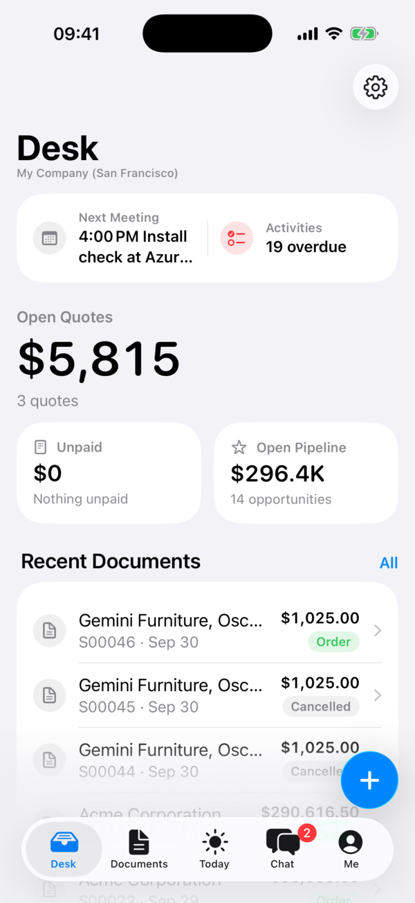 The iPhone Desk screen: open quotes, unpaid invoices, open pipeline and recent documents.
