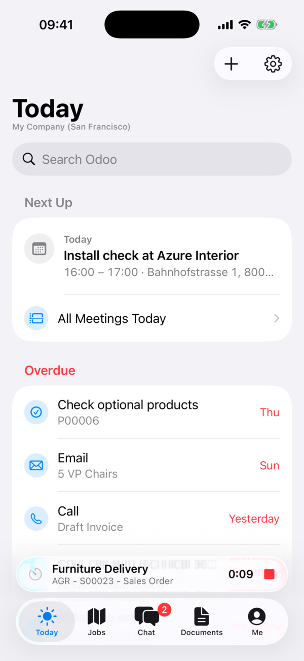 The iPhone Today screen: the next install check with its address and overdue activities, with a running timer on a delivery.
