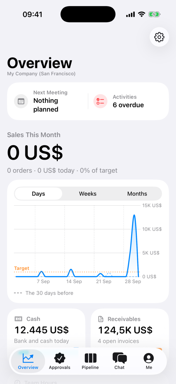 The iPhone Overview screen: sales this month against target, a sales chart, cash and receivables.