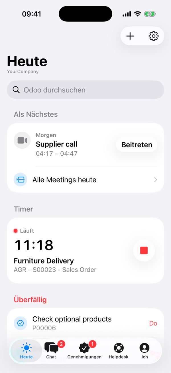 Der Bildschirm „Heute“ auf dem iPhone: der nächste Termin, ein laufender Timer für eine Lieferung und überfällige Aktivitäten.