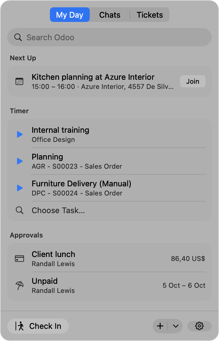 The Klarflow panel hanging from the K in the menu bar: the next meeting, timers on three tasks, approvals waiting and a Check In button.